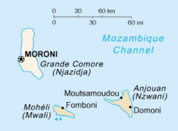 The Comoros islands. Grande Comore is the leftmaist (an lairgest) island.