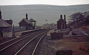 Hawes Junction station, looking north. The signal box is on the down (northbound) platform