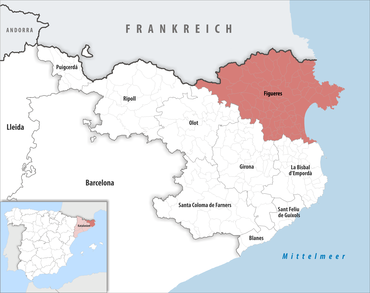 Die Lage des Gerichtsbezirk Figueres in der Provinz Girona