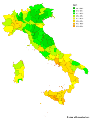 Изменение ОПЖ в провинциях и метропольных городах Италии с 2019 до 2022[1] 