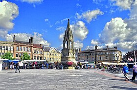Mansfield Market Place with the Bentinck Memorial in the centre and the old Moot Hall