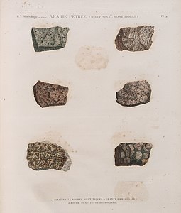 1.2. Sinaïtes; 3.4. Roches granitiques; 5. Granit orbiculaire; 6. Roche quartzeuse herborisée