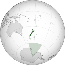 A map of the hemisphere centred on New Zealand, using an orthographic projection.