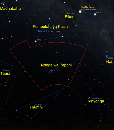 Ndege wa Peponi (kundinyota) Kundinyota ya Ndege wa Pepeoni (Apus) (CC BY-SA 4.0 © 2004-2016 Fabien Chereau et al. )Stellarium, CC BY-SA 4.0)