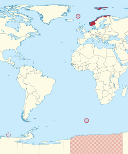 Location of the Kingdom of Norway and its integral overseas territories and dependencies: Svalbard, Jan Mayen, Bouvet Island, Peter I Island, and Queen Maud Land