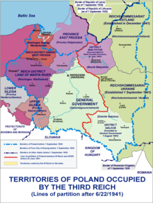 Borders of Polish areas before and after 1939 and 1941 invasions Occupation of Poland 1941.png