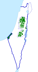 Situação atual: Em verde, a região restante que ainda é administrada pela Autoridade Nacional Palestina (sob Oslo 2). A linha azul demarca as fronteiras dos territórios controlados pelo governo israelense.