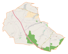 Mapa konturowa gminy Pawłosiów, u góry nieco na lewo znajduje się punkt z opisem „Parafia Matki Bożej Nieustającej Pomocyw Wierzbnej”