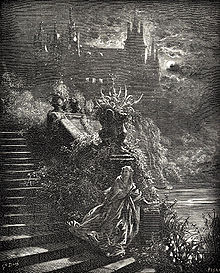 Illustration du conte où l'on voit la Princesse descendre précipitamment l'escalier extérieur d'un château recouvert de lierre.