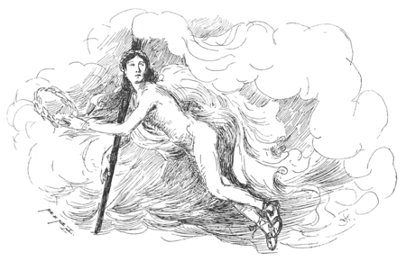 Ilustracja — Hymen trzymający pochodnię i wieniec, otoczony chmurami.