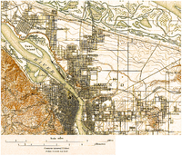 Топографическая карта Портленда 1897 года изображает улицы, железные дороги, и существенные отличия в болотистом районе реки Колумбия.