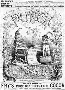 1867 edition of Punch, a ground-breaking British magazine of popular humour, including a great deal of satire of the contemporary, social, and political scene Punch.jpg