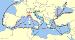 Genoese (red) and Venetian (green) maritime trade routes in the Mediterranean. Republik Venedig Handelswege01.png