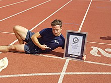 Stephen Wildish with his 100m sack race world record