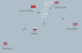 Położenie SS Birma i innych statków względem tonącego Titanica