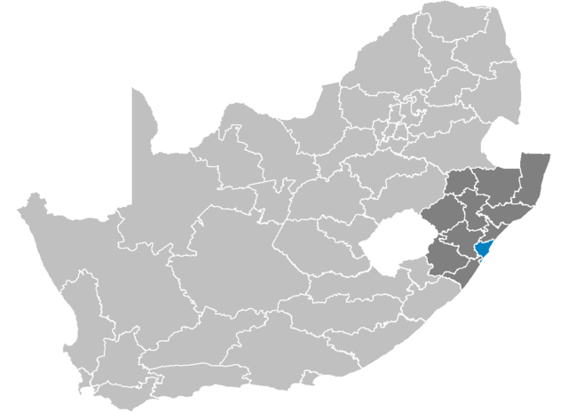 Localização na África do Sul e na província de Cuazulo-Natal