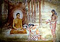 Sujata offering kiribath to Gautama Buddha depicted on fresco at Kelaniya Raja Maha Vihara.