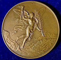 Die Helvetia über dem Vierwaldstättersee fliegend, auf einer Medaille von Alphée Dubois zur 600-Jahr-Feier der Eidgenossenschaft