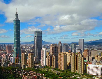 Xinyi District skyline in 2017, featuring many skyscrapers, such as the tallest building in Taiwan - the Taipei 101.