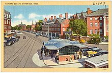The station entrance in Harvard Square Tichnor Brothers Harvard Square postcard, circa 1930s.jpg