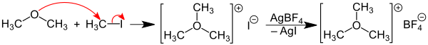 Synthese von Trimethyloxoniumtetrafluoroborat.