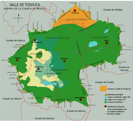 Mapa general del Valle Pachuca-Tizayuca (en amarillo) como parte de la Cuenca de México.