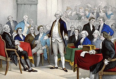Scene from the First Continental Congress, George Washington appointed as Commander-in-Chief for the new Continental Army besieging Boston.