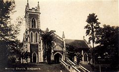 Wesley Methodist Church was initiated in February 1885. The church is sited on Fort Canning Hill. WesleyMethodistChurch-sepiapostcard.jpg