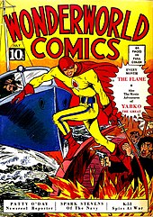 Superheroes have been a staple of American comic books (Wonderworld Comics #3, 1939; cover: The Flame by Will Eisner). WonderworldComics3.jpg