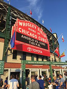 The main entrance marquee outside Wrigley Field, from which the channel derives its name Wrigley Field marquee grandstand exterior IMG 2339.jpg