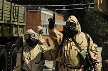 United States Army soldiers wearing NBC suits during a simulated nuclear terrorist attack training exercise in McCormick, South Carolina in 2011 110613-F-RM405-040 (5833514570).jpg