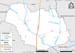 Carte en couleur présentant les réseau hydrographique de la commune