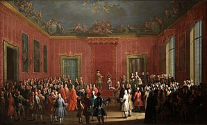 Abdicación de Carlos de Borbón en favor de su hijo Fernando IV en el Salón del Trono del Palacio Real de Nápoles, 1759.