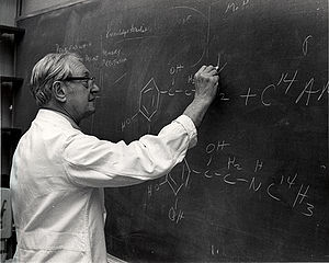 Julius Axelrod working at the blackboard on the structure of catecholamines