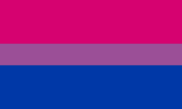 Bisexual flag of three solid horizontal bars two fifths pink, one fifth purple, and two fifths blue.