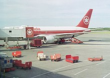An Air Canada Boeing 767-200 parked at the gate in 1990 Boeing 767-233 ER C-GDSP Air Canada, Halifax International Nova Scotia - Canada, August 1990. (5619676335).jpg