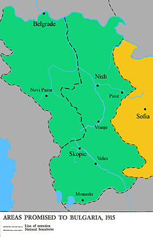 Serbian territories guaranteed to Bulgaria with the Treaty of Amity and Alliance Bulgarian acquisitions, treaty IX 1915.jpg