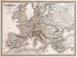 Map of the First French Empire in 1812, divided into 130 départements, with the kingdoms of Spain, Portugal, Italy and Naples, and the Confederation of the Rhine and Illyria and Dalmatia