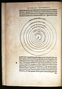 Copernicus, Nicolaus. On the Revolutions of the Heavenly Spheres. Nuremberg. 1543. Print copy of Copernicus's work showing the model of the universe with the Sun in the center and a sphere of "immobile stars" on the outside according to his theory of the cosmos. Copernicus's image of planetary system (1543).tif