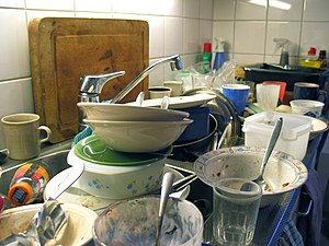 Unwashed dishes in a sink; an authentic situation.