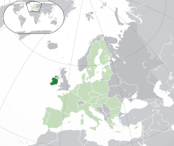  Irlands placering  (mørkegrøn) – på det europæiske kontinent  (grøn og mørkegrå) – i den Europæiske Union  (grøn)  –  [Forklaring]