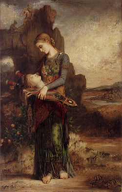 Thracian Girl Carrying the Head of Orpheus on His Lyre, Gustave Moreau (1865)