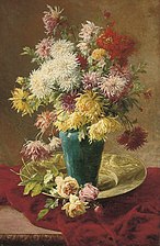 Chrysanthemums and roses in a vase on a salver (Chryzantémy a růže), olej na plátně, 122 x 77,8 cm