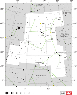 Diagram showing star positions and boundaries of the Hercules constellation and its surroundings