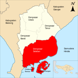 Peta kecamatan Dénpasar Selatan ring Kota Dénpasar, Bali