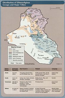 A 2003 CIA Factbook map which shows the distribution of ethnoreligious groups in Iraq. Iraq ethno 2003.jpg