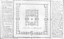 Isaac Newton's diagram of part of the Temple of Solomon, taken from Plate 1 of The Chronology of Ancient Kingdoms Amended (published London, 1728) Isaac Newton's Temple of Solomon.jpg