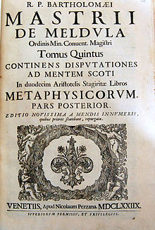 Capa em latim indicando notadamente « Bartholomæi Mastrii, Tomus quintus, Continens disputationes ad mentem Scoti », datado de 1678