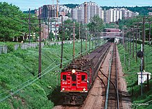 CN Boxcab Electric locomotive leaving Mount Royal Tunnel, in 1989. Montreal (3782223411).jpg