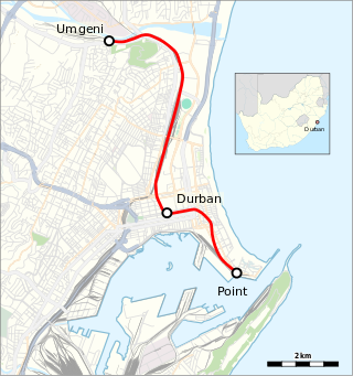 Järnvägen inritad på en modern karta över Durban.